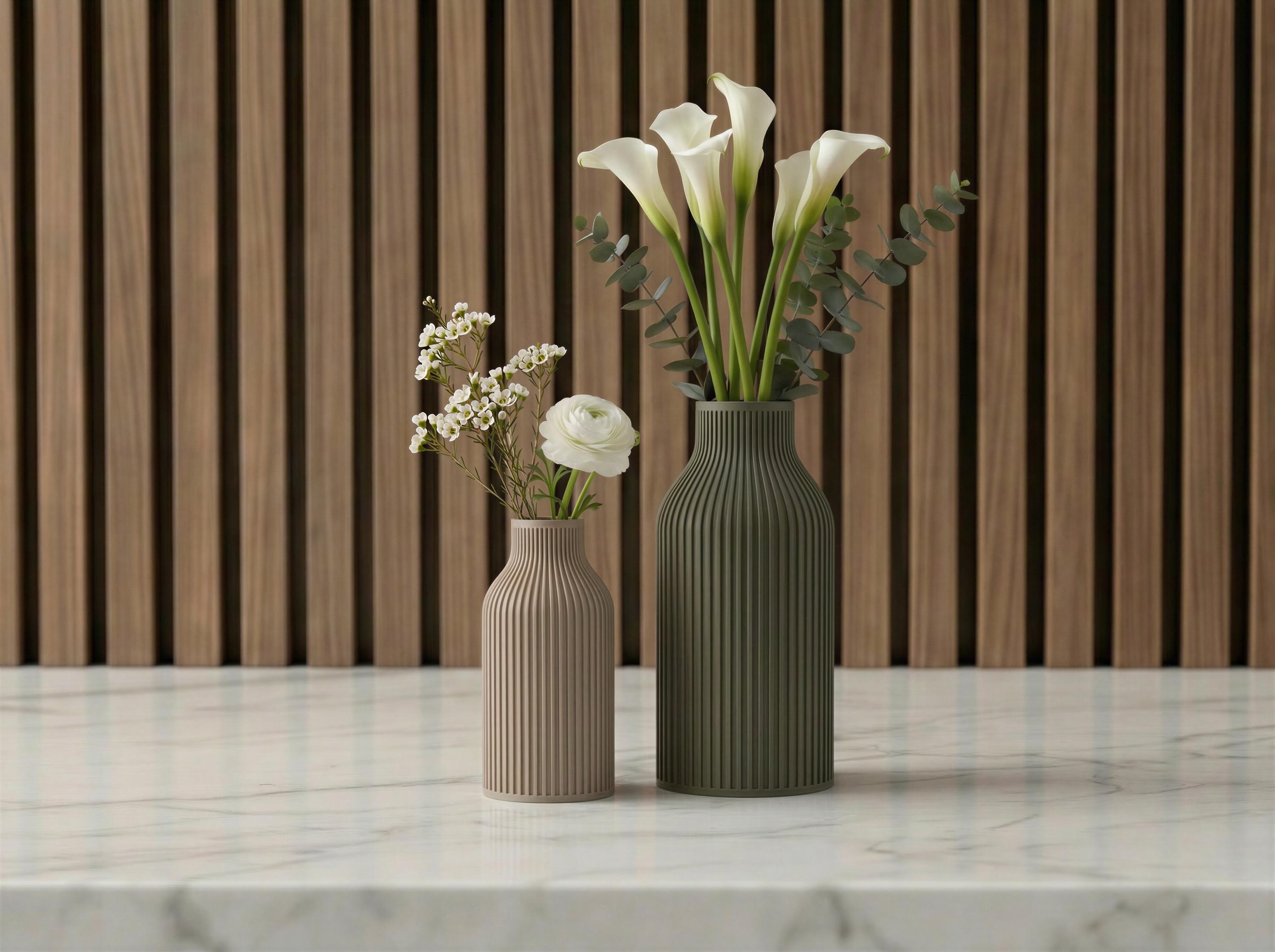 Minimalist Ribbed Flower Vase Set - Matte Japandi Shelf Decor, Modern Neutral Home Accent